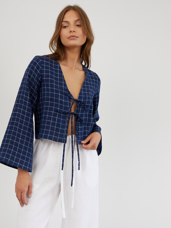 Image 3 of Linen Tie Front Bell Sleeve Top in Grid Blue White CASSIDY from Love and Confuse | Handmade Linen Clothing for Women