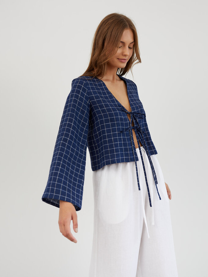 Image 4 of Linen Tie Front Bell Sleeve Top in Grid Blue White CASSIDY from Love and Confuse | Handmade Linen Clothing for Women