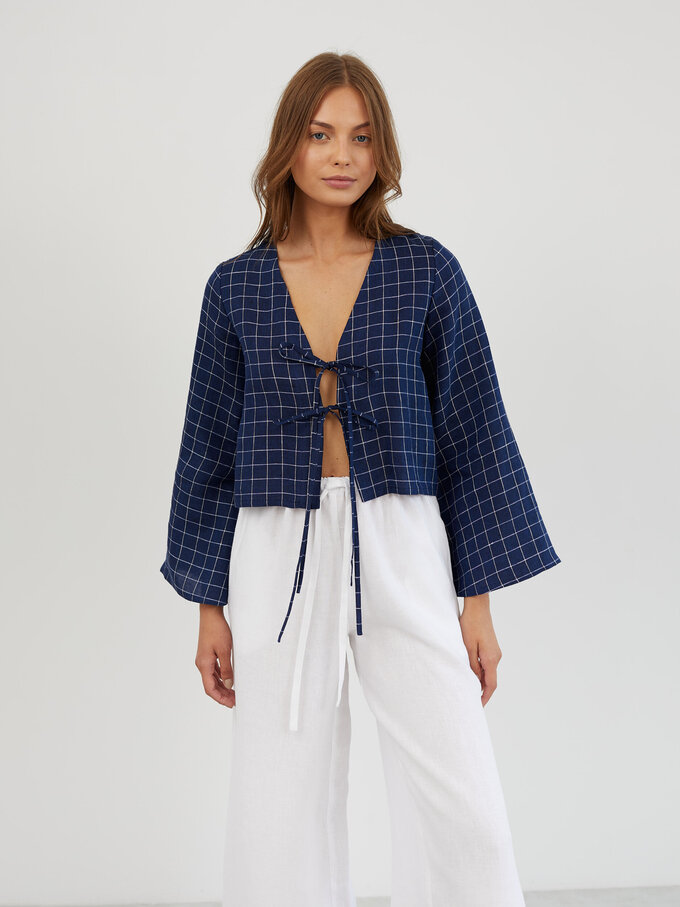 Image 5 of Linen Tie Front Bell Sleeve Top in Grid Blue White CASSIDY from Love and Confuse | Handmade Linen Clothing for Women