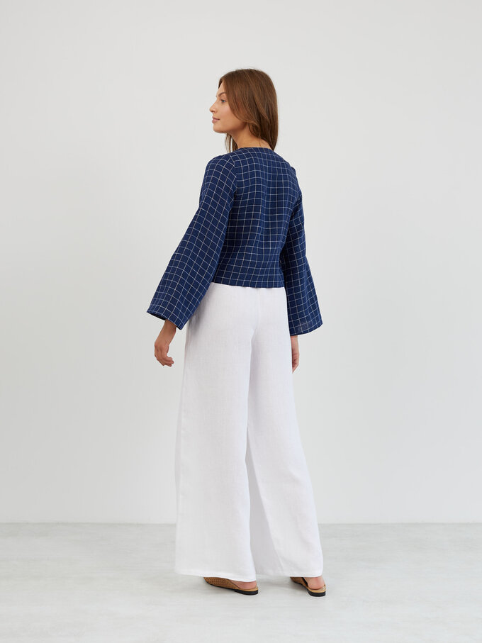 Image 6 of Linen Tie Front Bell Sleeve Top in Grid Blue White CASSIDY from Love and Confuse | Handmade Linen Clothing for Women