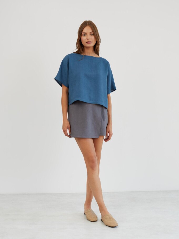 Image 2 of Boxy Cropped Linen Top in Sea Blue BEE from Love and Confuse | Handmade Linen Clothing for Women