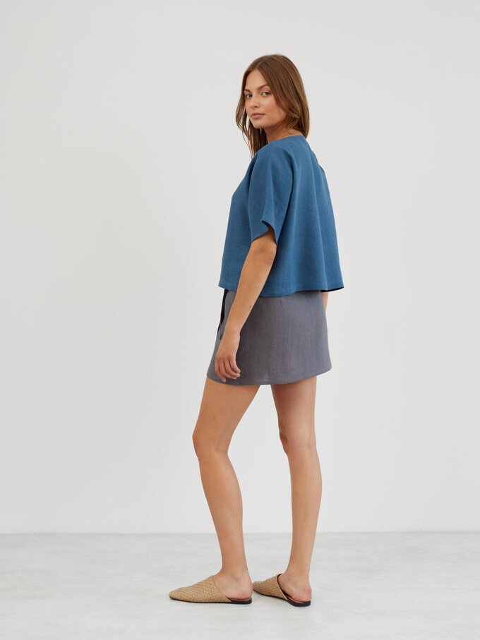 Image 3 of Boxy Cropped Linen Top in Sea Blue BEE from Love and Confuse | Handmade Linen Clothing for Women