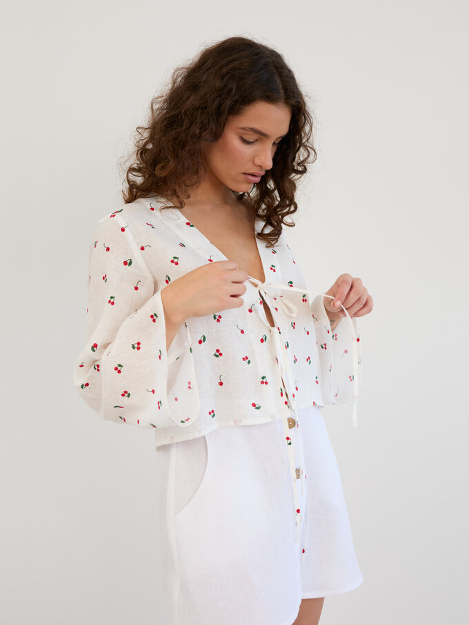 Image 1 of Linen Tie Front Bell Sleeve Crop Top in Cherry Print CASSIDY from Love and Confuse | Handmade Linen Clothing for Women