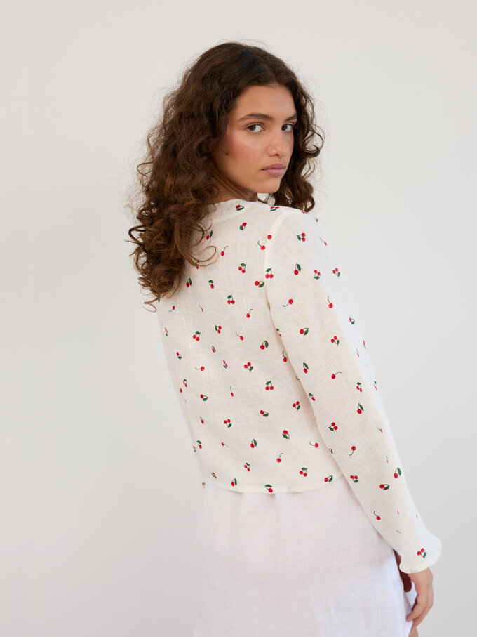 Image 6 of Linen Tie Front Bell Sleeve Crop Top in Cherry Print CASSIDY from Love and Confuse | Handmade Linen Clothing for Women