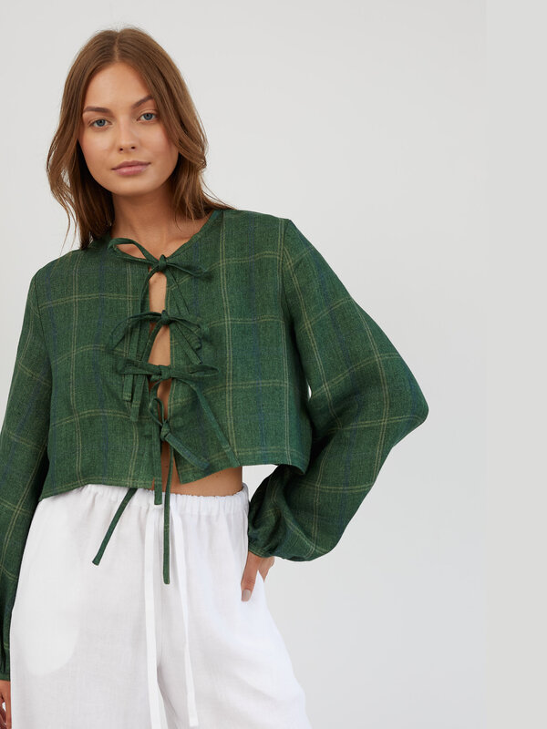 Image 1 of Tie Front Cropped Linen Top in Plaid Green KOA from Love and Confuse | Handmade Linen Clothing for Women