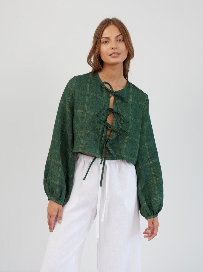 Image 3 of Tie Front Cropped Linen Top in Plaid Green KOA from Love and Confuse | Handmade Linen Clothing for Women