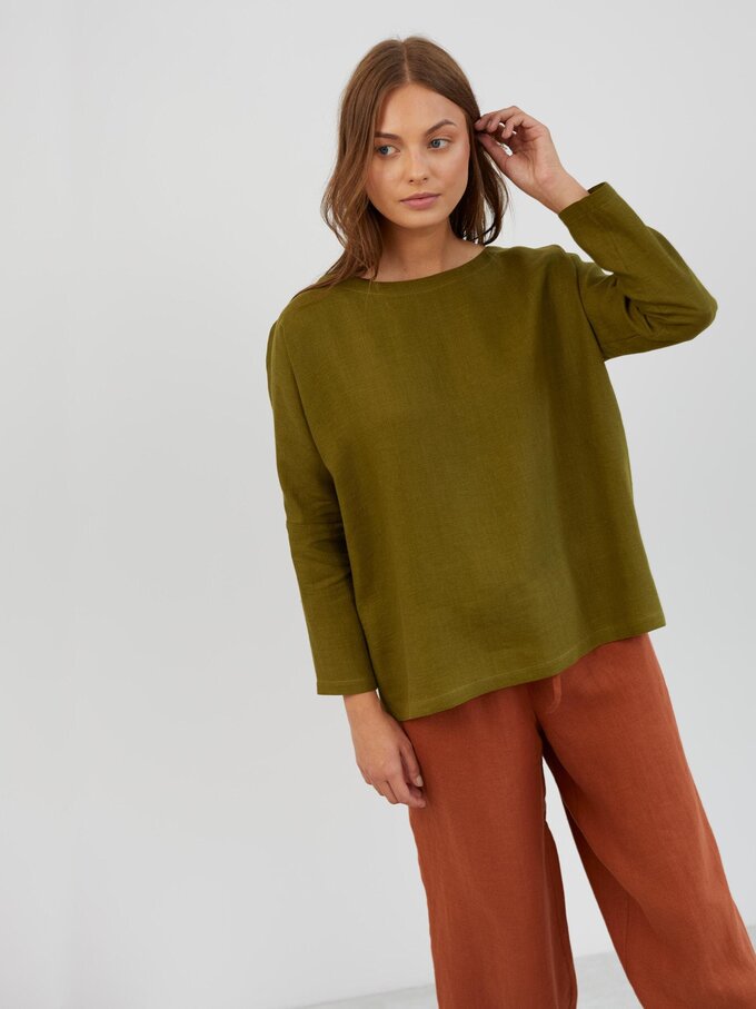 Image 3 of Long Sleeve Linen Top in Moss Green RUMI from Love and Confuse | Handmade Linen Clothing for Women