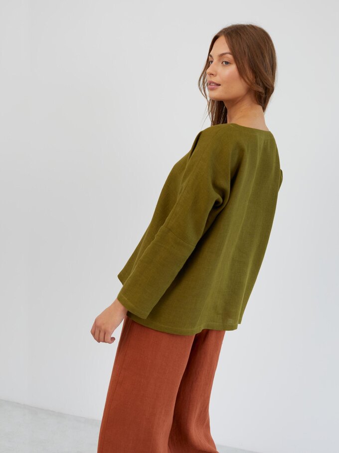 Image 6 of Long Sleeve Linen Top in Moss Green RUMI from Love and Confuse | Handmade Linen Clothing for Women