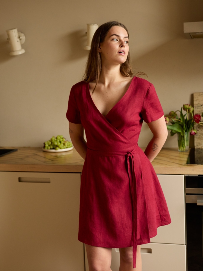 Image 1 of SADIE short sleeve linen wrap dress in Cherry Red, featuring a flattering V-neck and A-line mini skirt, from Love and Confuse.