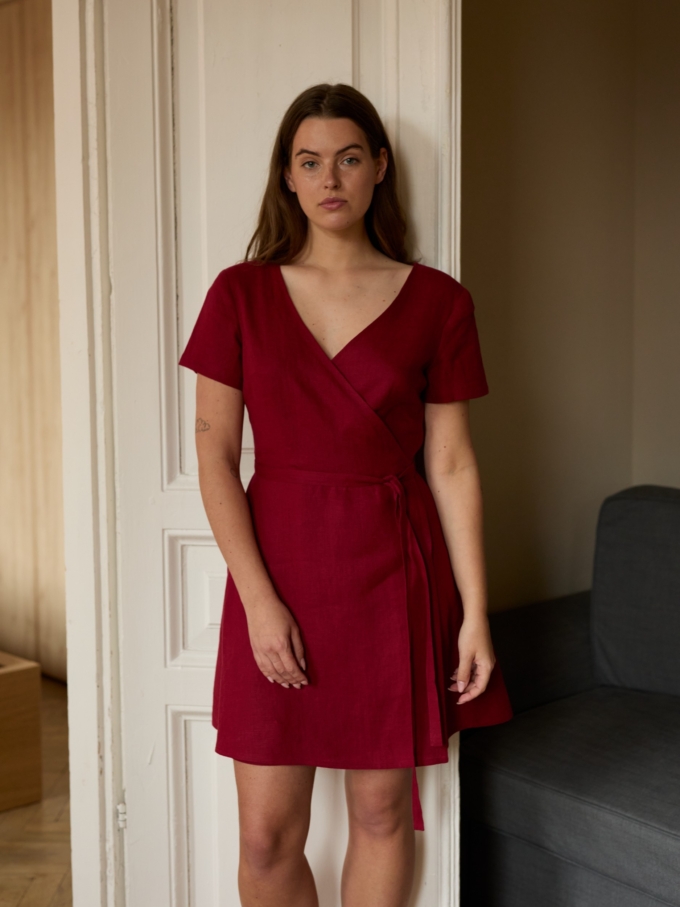 Image 3 of SADIE short sleeve linen wrap dress in Cherry Red, featuring a flattering V-neck and A-line mini skirt, from Love and Confuse.