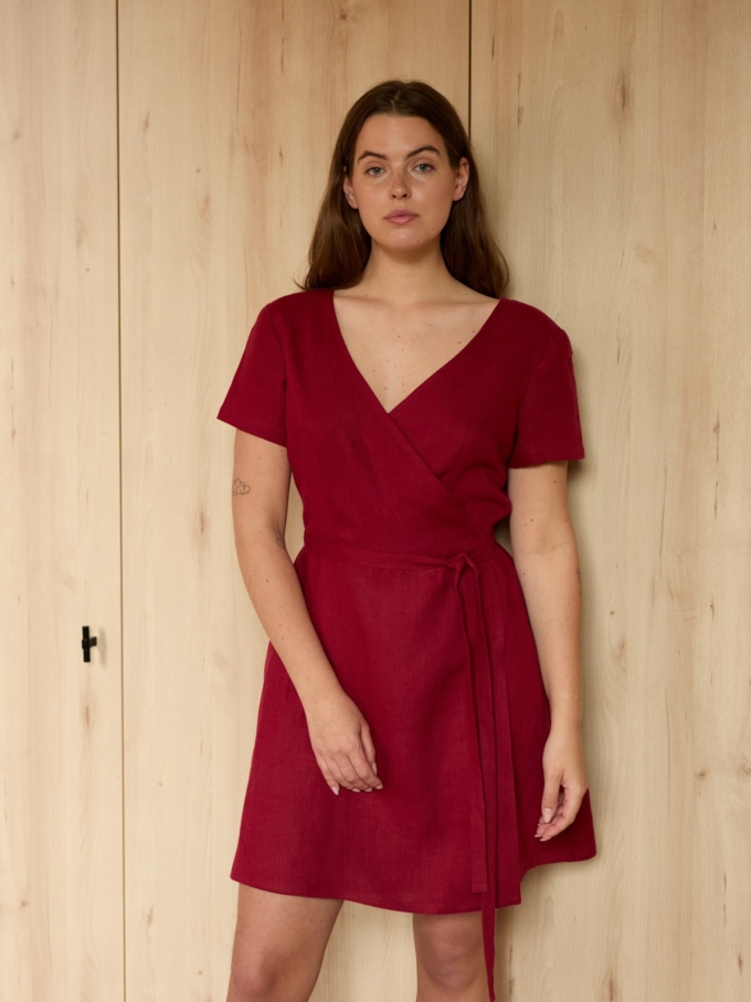 Image 5 of SADIE short sleeve linen wrap dress in Cherry Red, featuring a flattering V-neck and A-line mini skirt, from Love and Confuse.