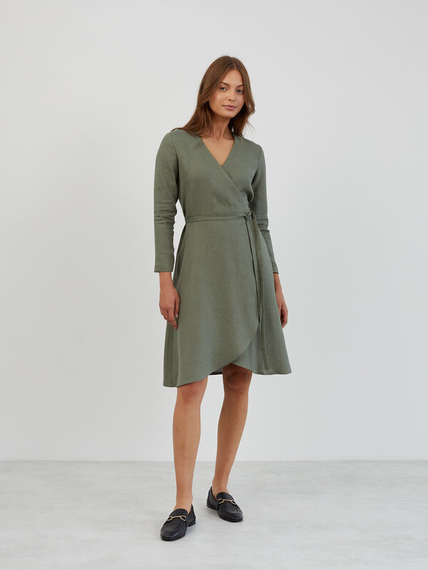 Image 1 of Long Sleeve Linen Wrap Dress in Sage Green CLAUDIA from Love and Confuse | Handmade Linen Clothing for Women