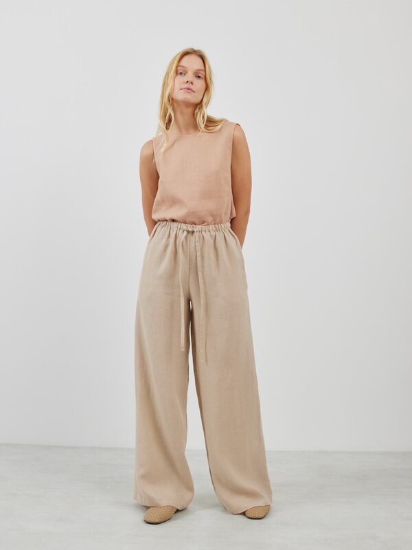 Image 1 of LUCAS Linen Wide Leg Drawstring Pants in Beige from Love and Confuse