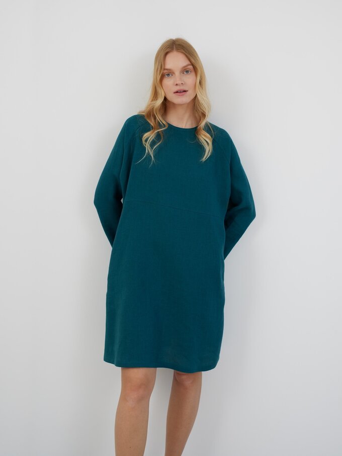 Image 1 of LUCIA Long Sleeve Linen Dress in Emerald Blue from Love and Confuse