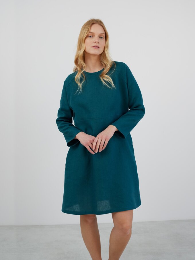 Image 3 of LUCIA Long Sleeve Linen Dress in Emerald Blue from Love and Confuse