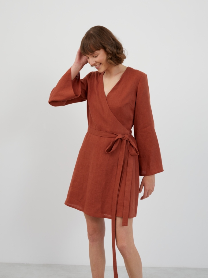 Image 2 of LYDIA Long Sleeve Mini Linen Dress in Rust from Love and Confuse