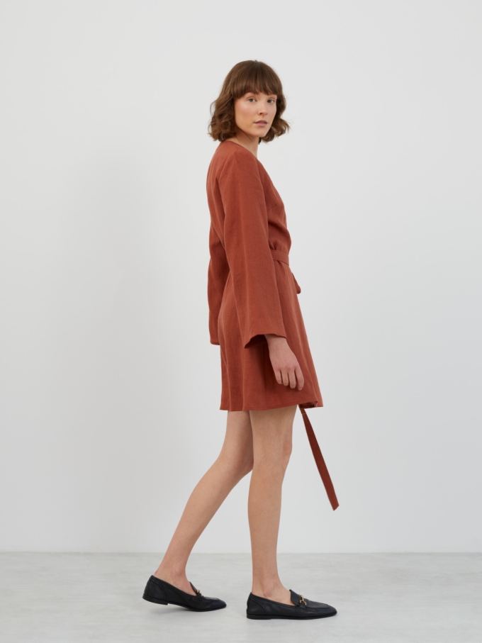 Image 3 of LYDIA Long Sleeve Mini Linen Dress in Rust from Love and Confuse