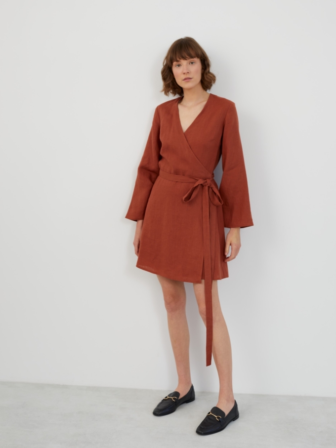 Image 4 of LYDIA Long Sleeve Mini Linen Dress in Rust from Love and Confuse