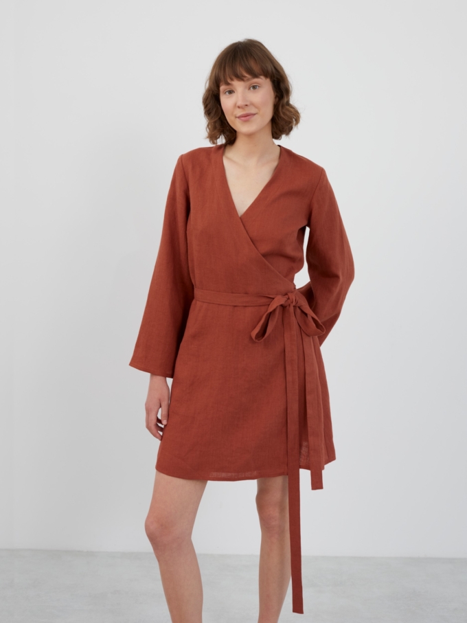 Image 5 of LYDIA Long Sleeve Mini Linen Dress in Rust from Love and Confuse