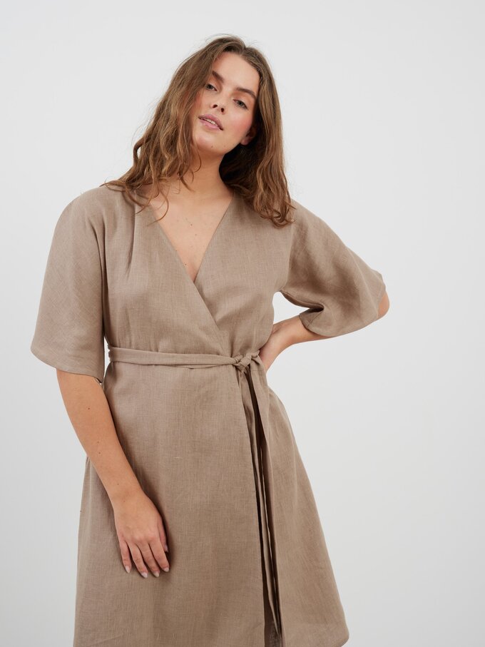 Image 1 of MARY Linen Wrap dress in Sand Brown from Love and Confuse