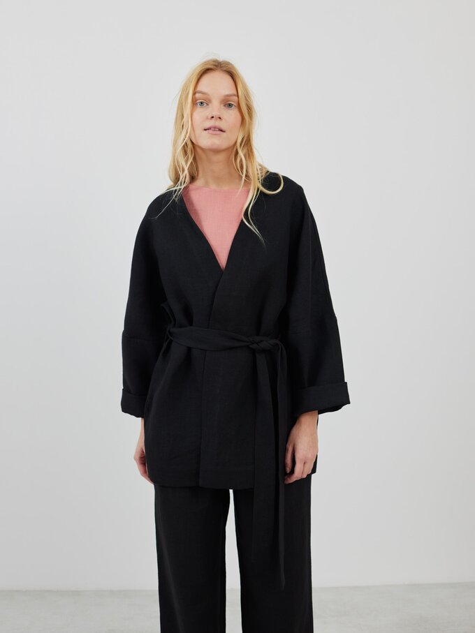 Image 3 of MAVIS Open Front Linen Jacket in Heavy Black from Love and Confuse