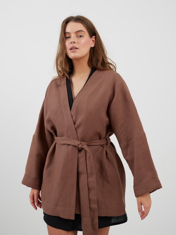 Image 1 of MAVIS Open Front Linen Jacket in Heavy Dark Brown from Love and Confuse