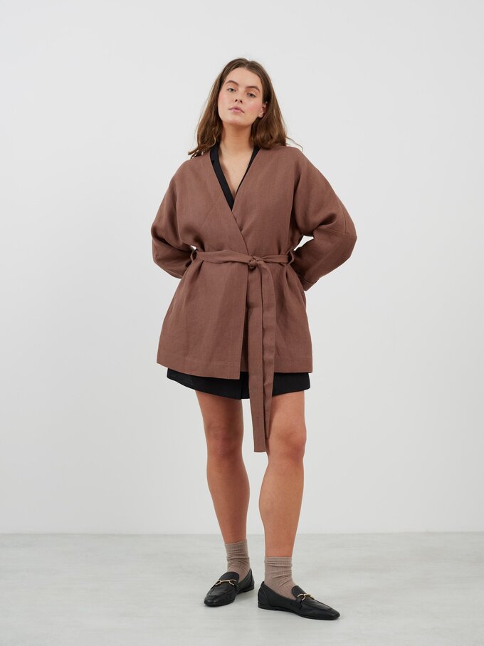 Image 4 of MAVIS Open Front Linen Jacket in Heavy Dark Brown from Love and Confuse