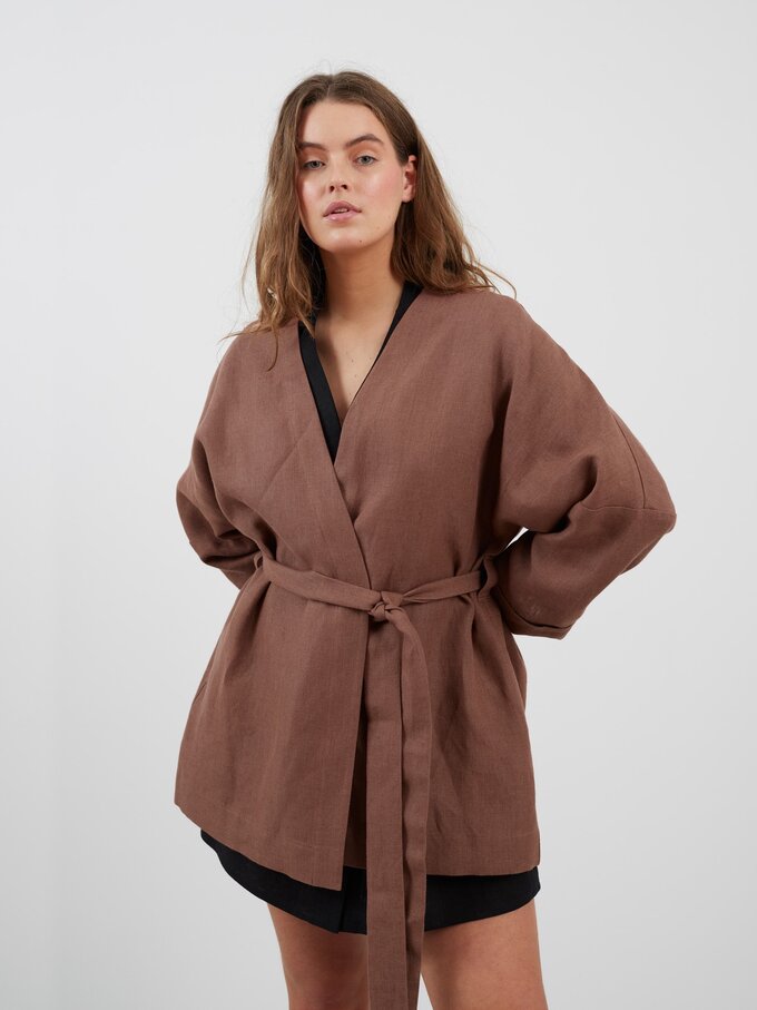 Image 5 of MAVIS Open Front Linen Jacket in Heavy Dark Brown from Love and Confuse