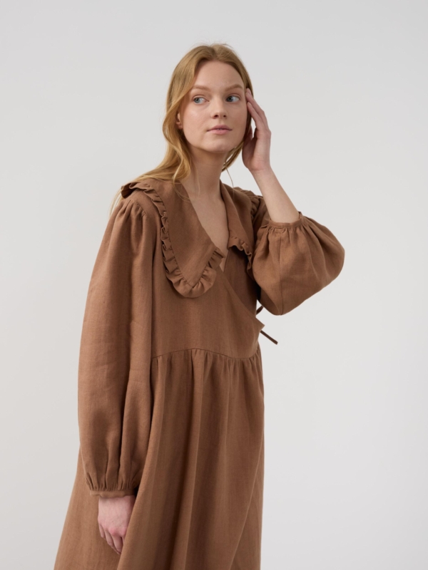 PARKER brown linen wrap dress with ruffled collar and long sleeves, upper-body view
