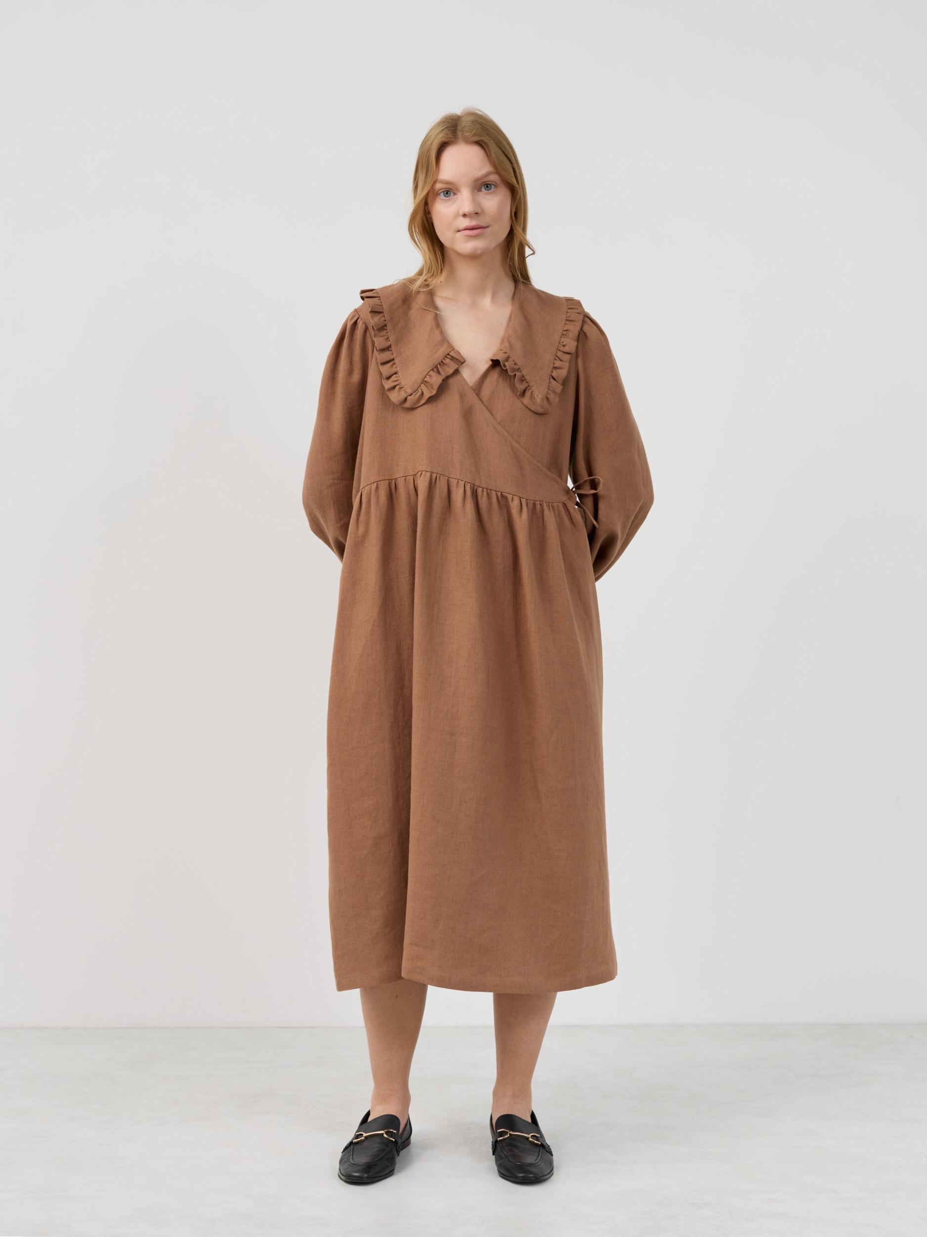 Full front view of PARKER brown midi linen wrap dress with ruffled V-neck collar