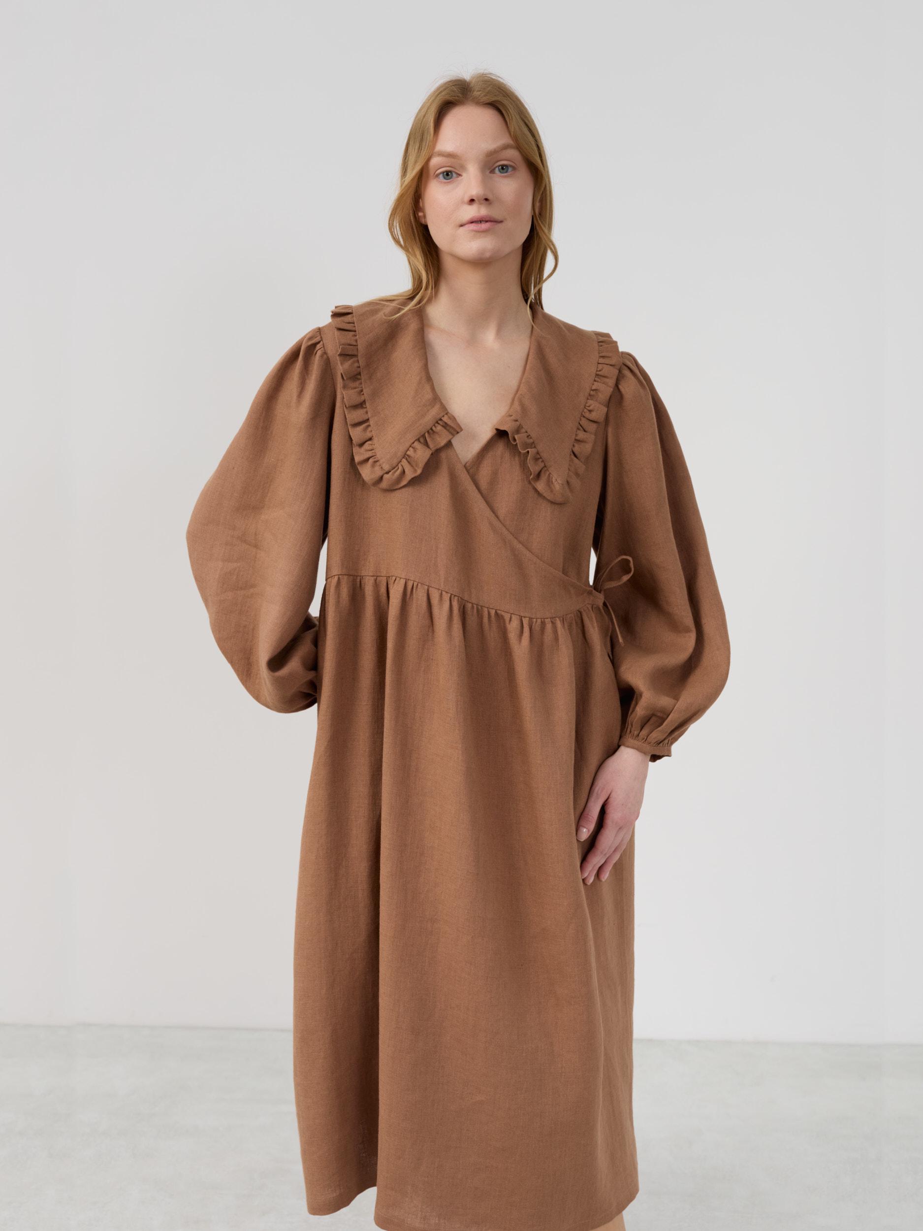 PARKER brown linen wrap dress showing gathered waist and side tie