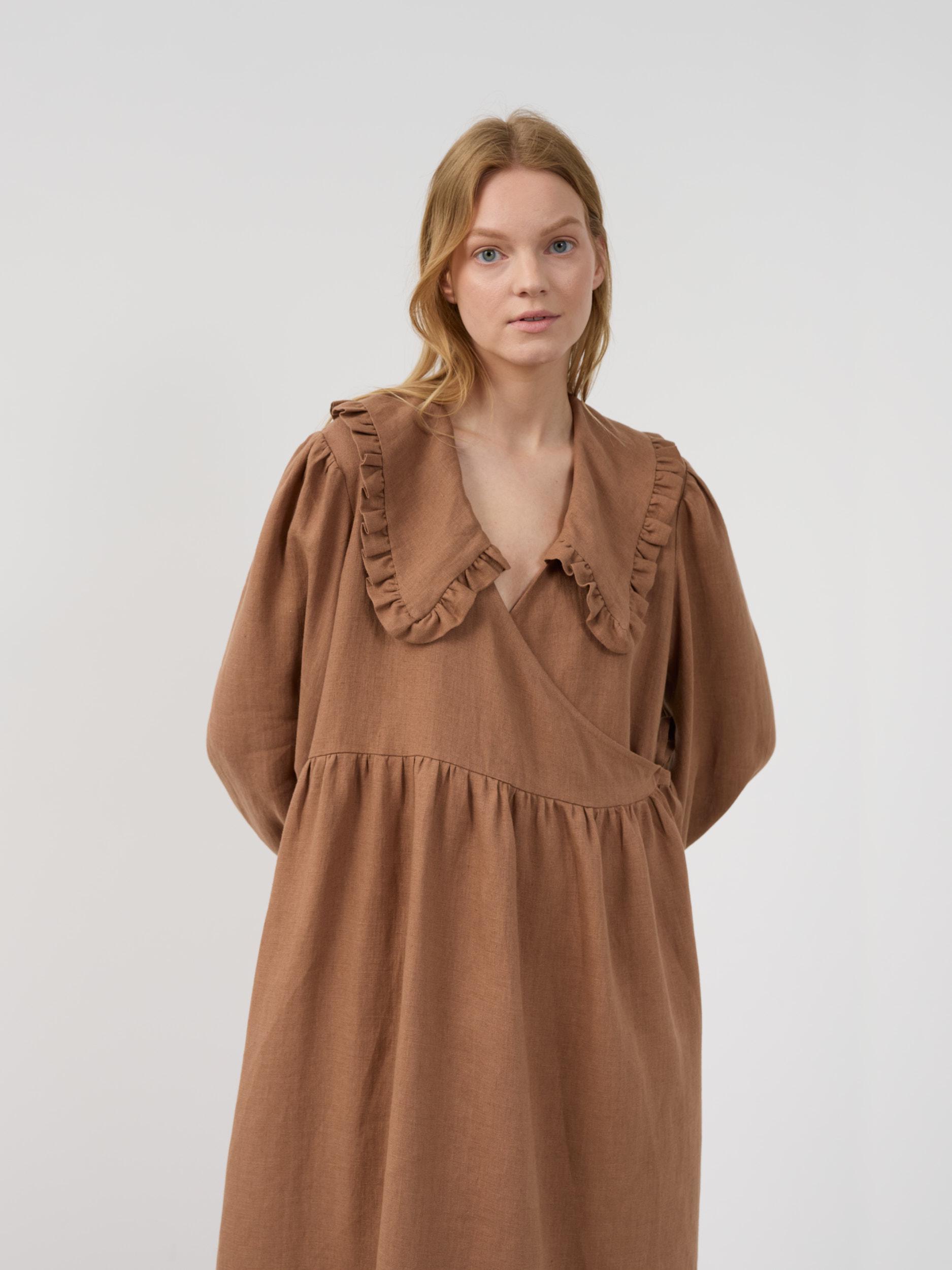Close front view of PARKER brown linen dress with ruffled collar and wrap neckline