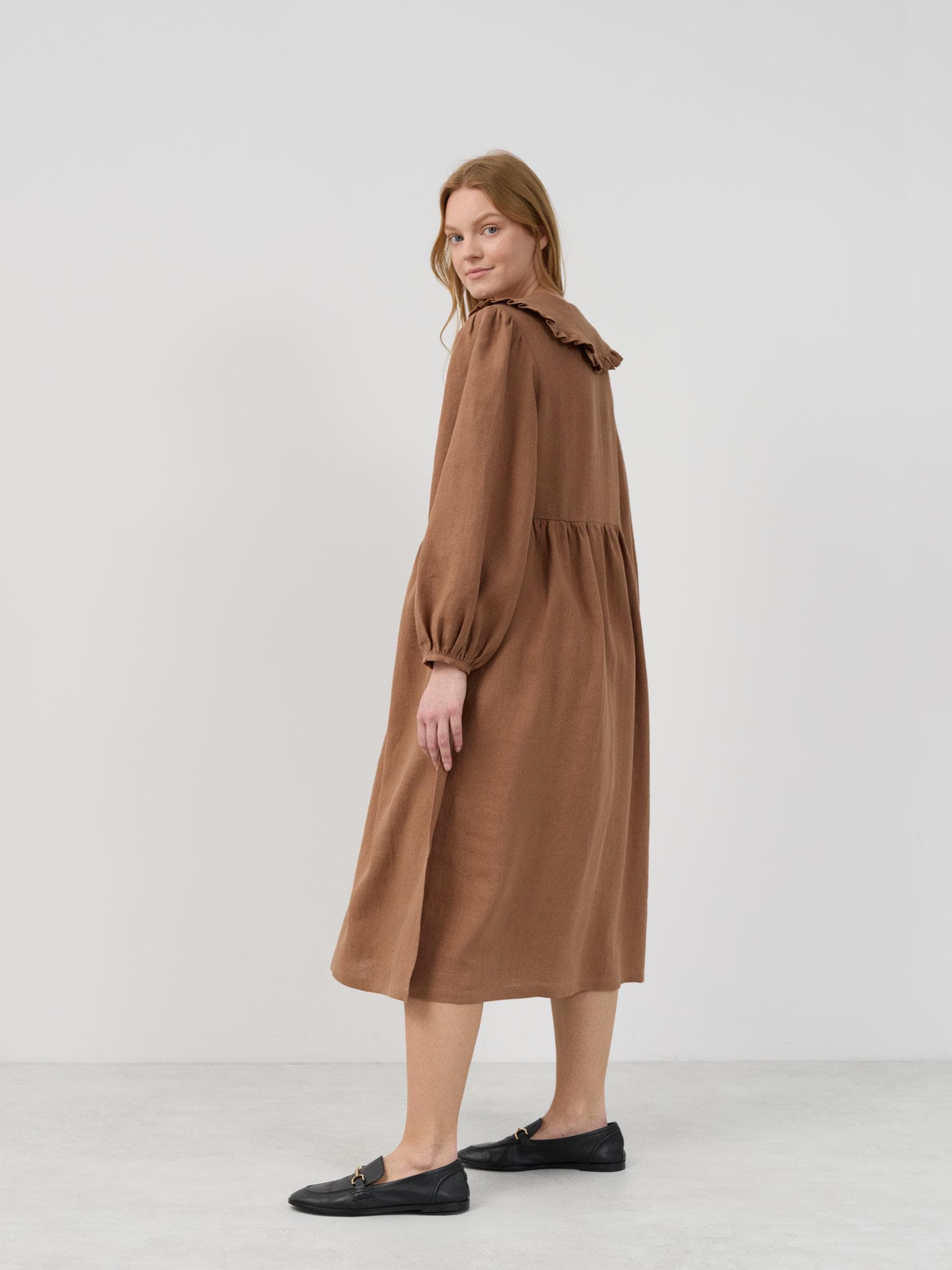 Side and back view of PARKER brown midi linen wrap dress with long sleeves