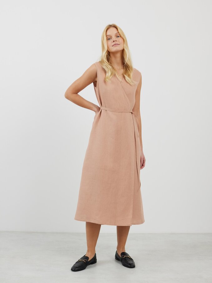 Image 1 of PIA Tie Waist Linen Midi Dress in Camel from Love and Confuse