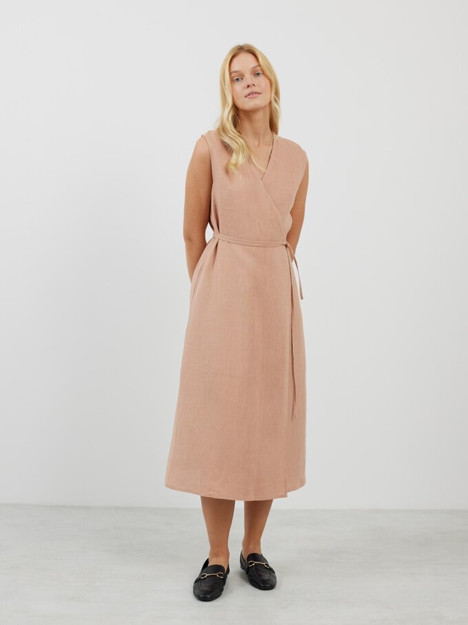 Image 3 of PIA Tie Waist Linen Midi Dress in Camel from Love and Confuse