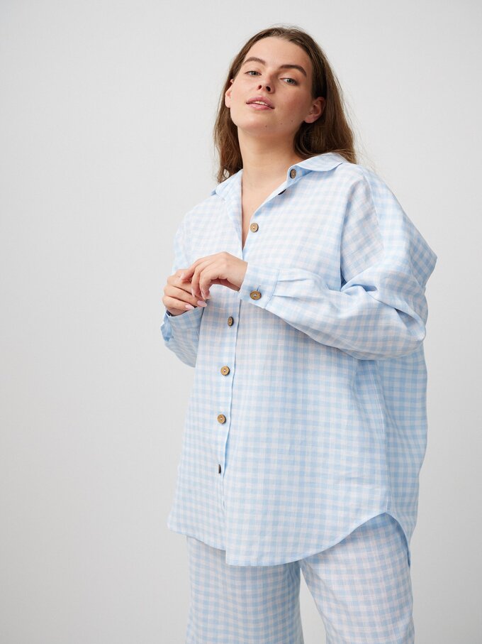 Image 1 of PINE Oversized Linen Shirt in Gingham Light Blue from Love and Confuse