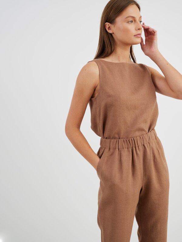 Image 1 of RAVEN Tapered Linen Pants in Brown from Love and Confuse