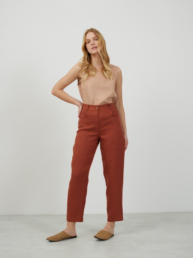 Image 2 of SARAH High-Waisted Tapered Leg Linen Pants in Rust from Love and Confuse