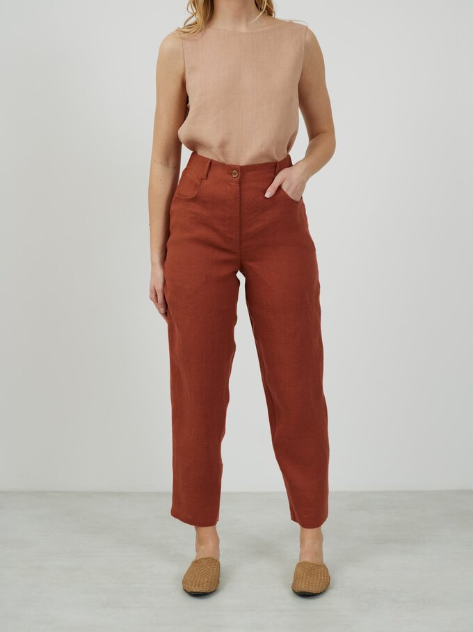 Image 3 of SARAH High-Waisted Tapered Leg Linen Pants in Rust from Love and Confuse