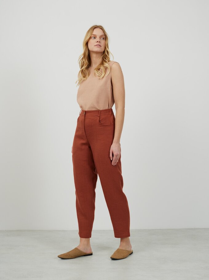 Image 4 of SARAH High-Waisted Tapered Leg Linen Pants in Rust from Love and Confuse