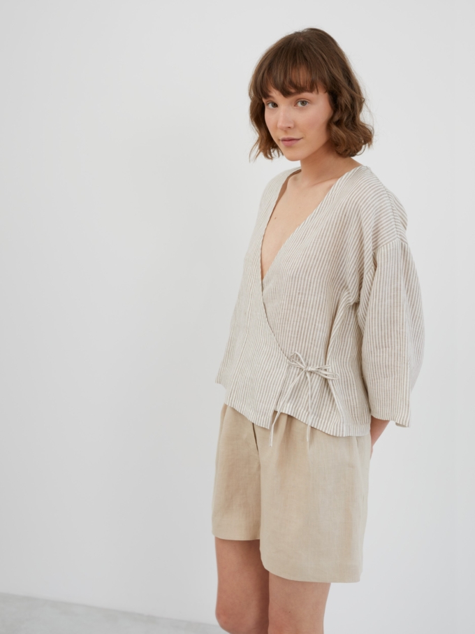 Image 1 of SOFIA Linen Kimono Wrap Top in Beige White Stripes from Love and Confuse