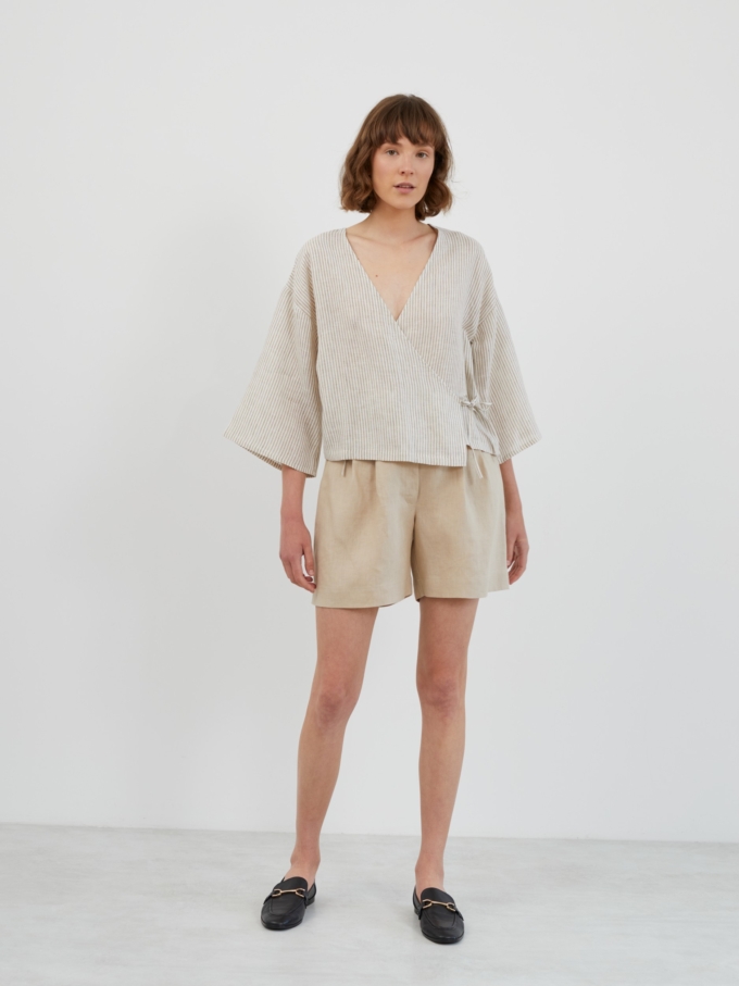 Image 2 of SOFIA Linen Kimono Wrap Top in Beige White Stripes from Love and Confuse