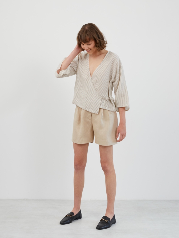 Image 3 of SOFIA Linen Kimono Wrap Top in Beige White Stripes from Love and Confuse