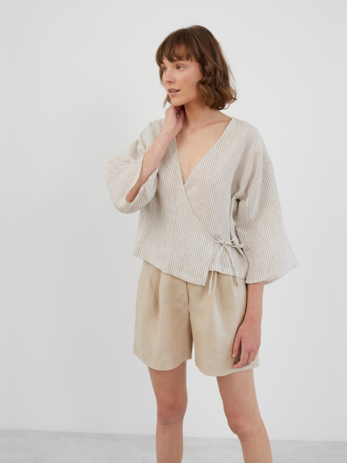 Image 4 of SOFIA Linen Kimono Wrap Top in Beige White Stripes from Love and Confuse