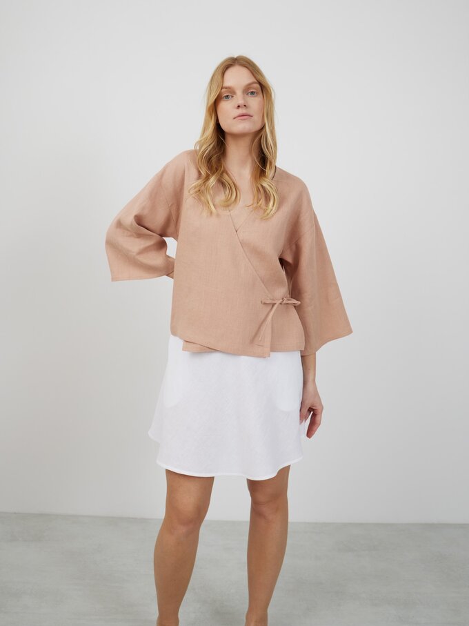 Image 3 of SOFIA Linen Kimono Wrap Top in Camel from Love and Confuse