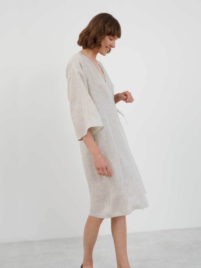 Image 1 of VERONA Linen Wrap Dress in Beige White Stripes from Love and Confuse