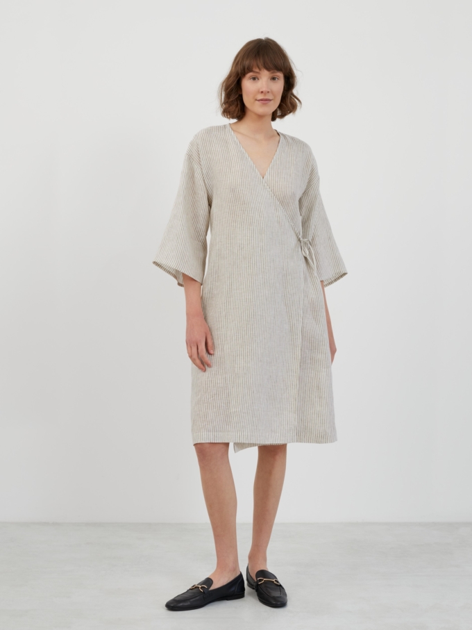 Image 2 of VERONA Linen Wrap Dress in Beige White Stripes from Love and Confuse