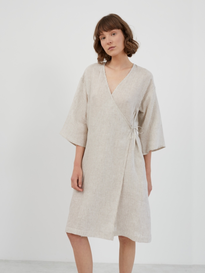 Image 3 of VERONA Linen Wrap Dress in Beige White Stripes from Love and Confuse