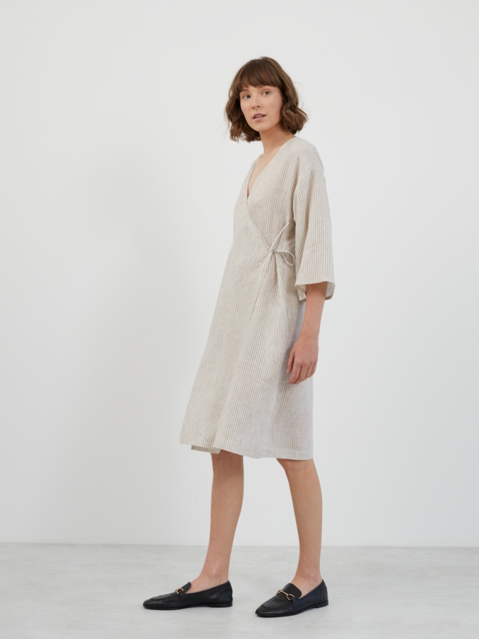 Image 4 of VERONA Linen Wrap Dress in Beige White Stripes from Love and Confuse