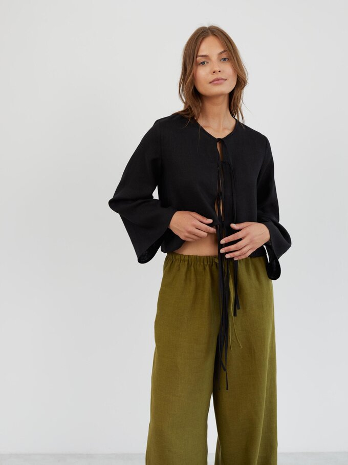 Image 2 of Linen Wide Leg Drawstring Pants in Moss Green LUCAS from Love and Confuse | Handmade Linen Clothing for Women